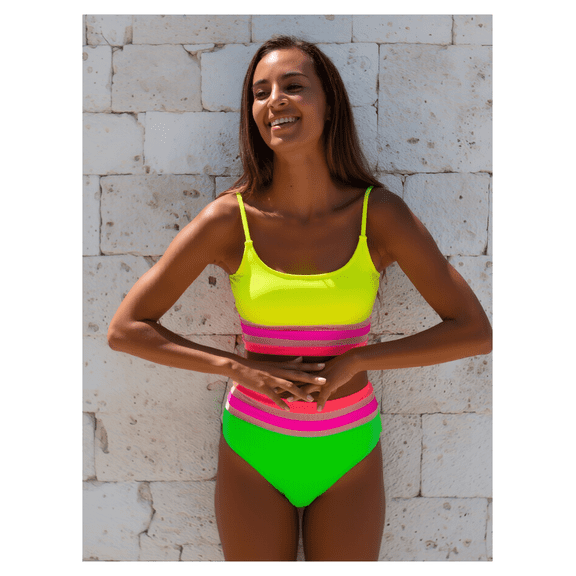 Women's Neon Color Block High-Waisted Bikini Set - Crop Top Two-Piece Swimwear