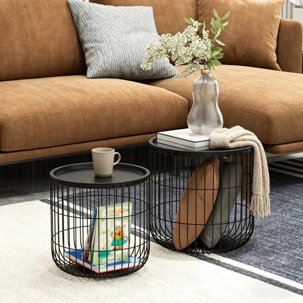 Nesting Side Table Set of 2, Bird-Cage Style Steel End Tables with Hidden Storage Space, Powder-Coated Frame, Space-Saving Accent Storage Tables, Black