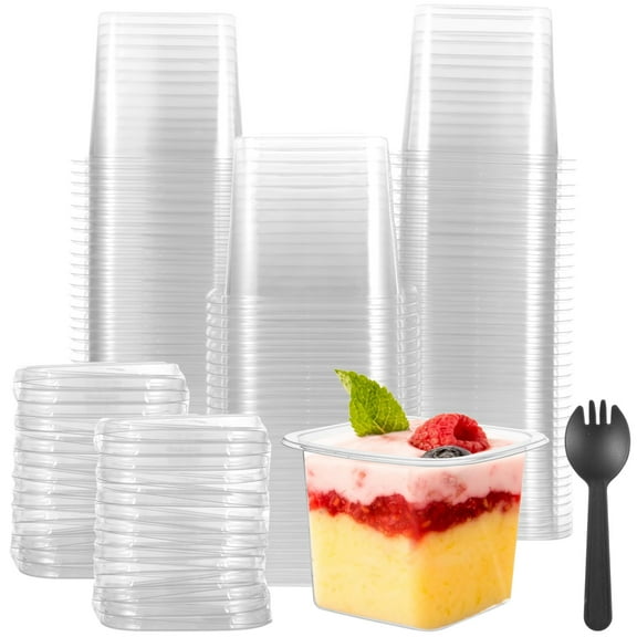 100 Pcs Plastic Dessert Cups, 12 oz Square Yogurt Parfait Cups with Lids and Sporks, Clear Appetizer Cups for Parties, Disposable Cake Cups for Pudding, Mousse, Fruit