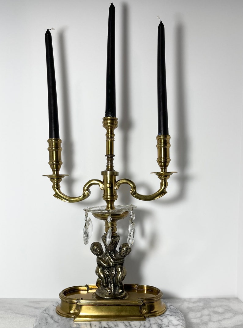 Elegant Brass Candelabra with Cherubs and prisms Heavy Vintage