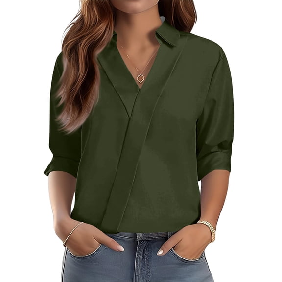 Women's 3/4 Sleeve V Neck Blouse Solid Color Work Casual Regular Collared Top with Button Closure for Office Business and Daily Casual Outfits