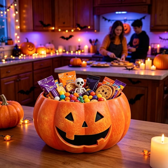 Byndra Halloween Pumpkin Candy Bowl, Jack O Lantern Trick or Treat Dish, Spooky Party Table Home Kitchen Bar Counter Decorations Gift Set Display