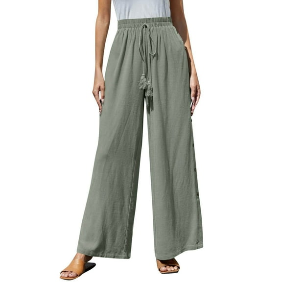 Flmaly Wide Leg Pants Woman Womens Casual Wide Leg Pants High Waiste Women's High Waist Casual Solid Color Elastic Waist Loose Wide Leg Pants Trousers Button Down Straight Long Trousers