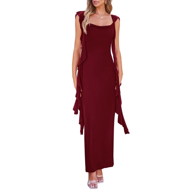 Vestido PRETTYGARDEN 2025 Verano Sin Mangas Maxi con Volantes Vino Tinto Talle S