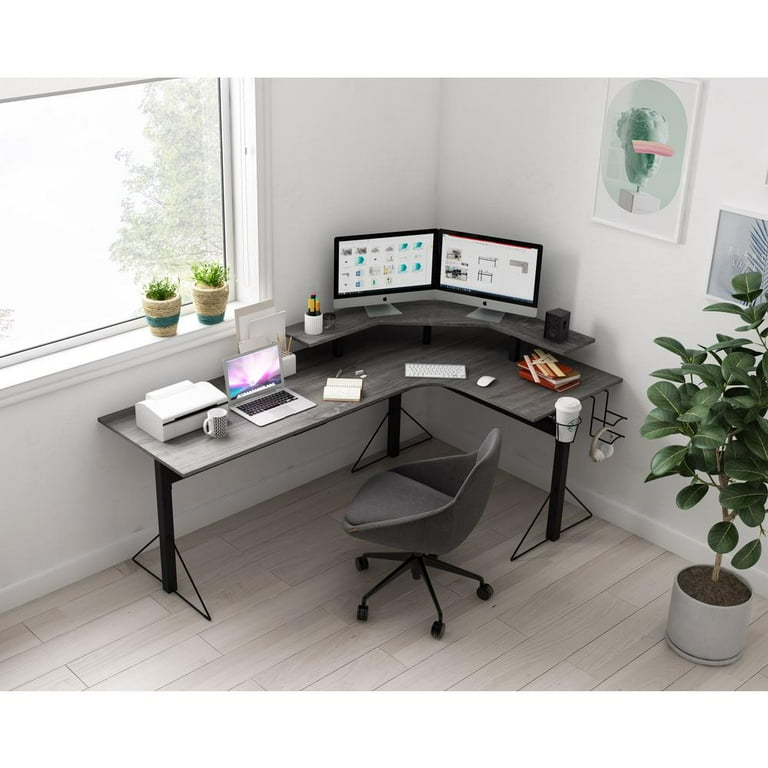Jamesdar Core Steel and Wood L Shape Gaming Desk in Black Gray