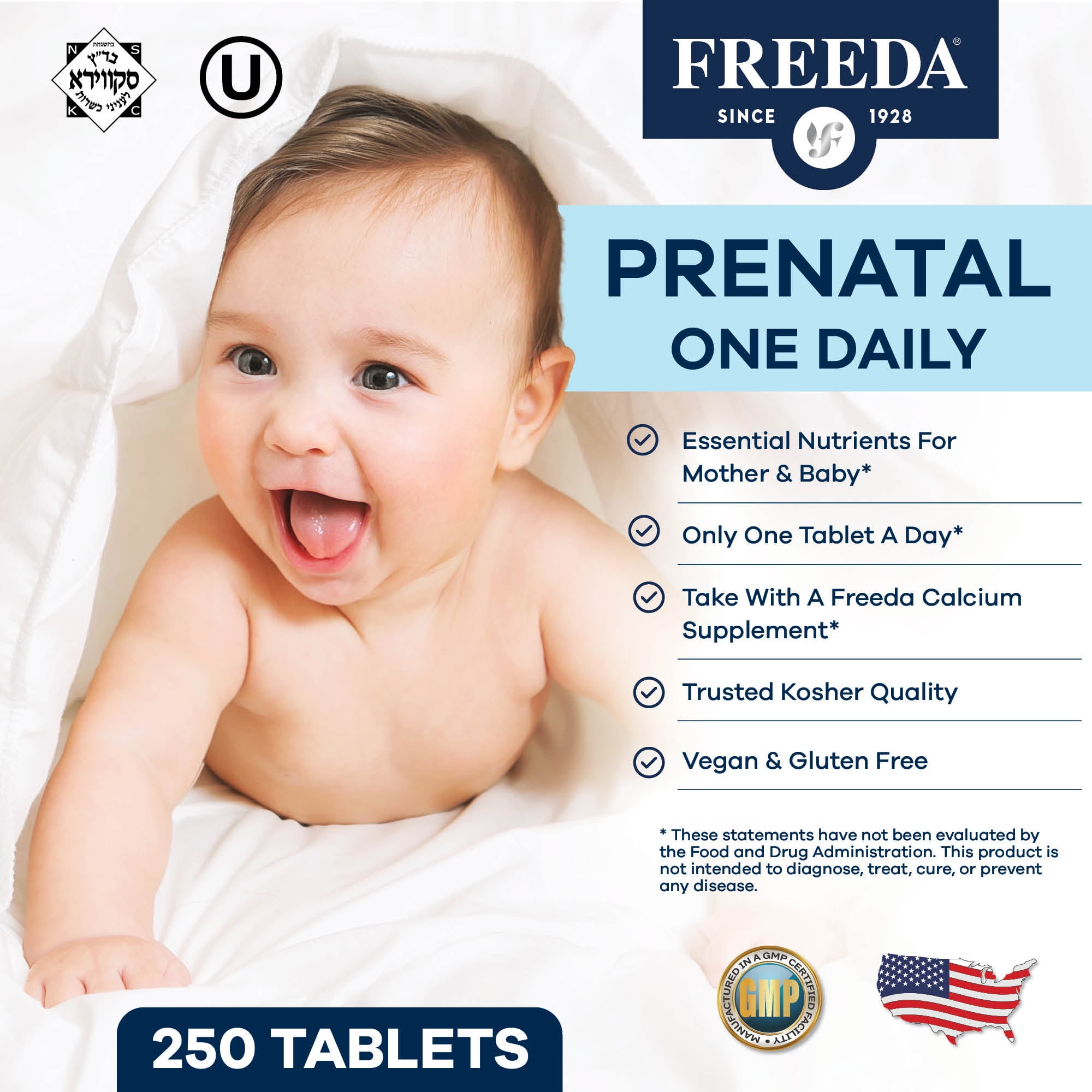 Freeda One Daily Prenatal Vitamin with Iron & Methylfolate | Once Daily Prenatal Support for Mom & Baby | Vitamins for Pregnancy & Lactation | Vegan, Gluten Free | 250 Tablets