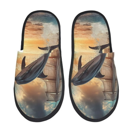 

Qekee Sailing Dancing Dolphin print Slippers for Women and Men Fluffy Cute Cozy House Slipper Funny Furry Bedroom Slippers for Women Indoor -Medium