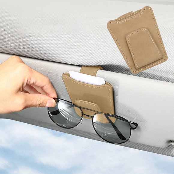 Clip pour Lunettes de Voiture avec Visière en Cuir Suédé et Boîte de Rangement pour Cartes