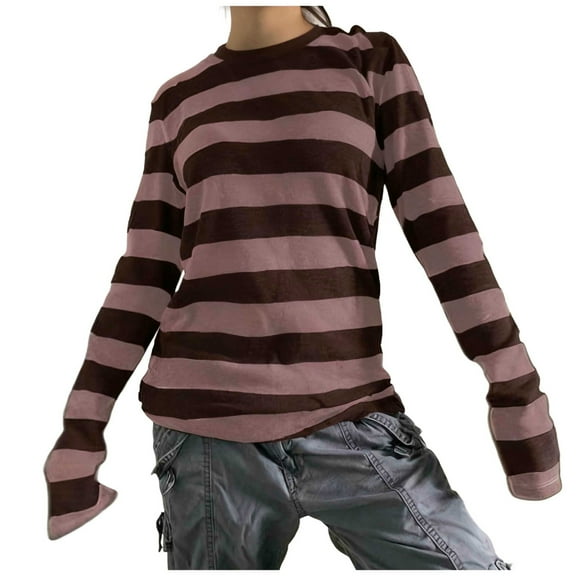 biudgviw Striped Shirt for Women Lightweight Long Sleeve Fall Blouses Comfy Soft Crew Neck Casual Tops Fashion Clothes