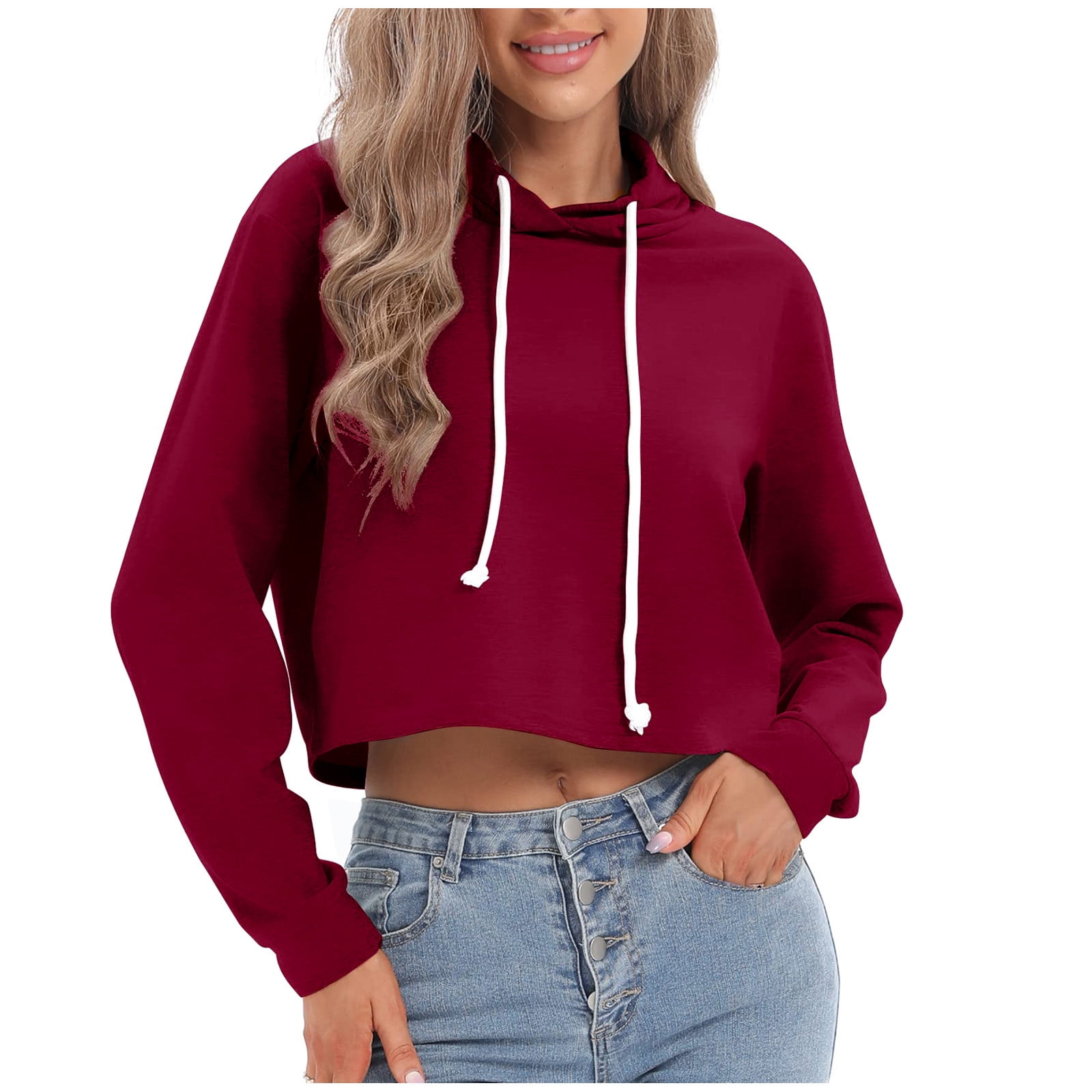 RQYYD Women's Casual Cropped Hoodie Long Sleeves Drawstring Sweatshirts Cute  Loose Pullover Workout Crop Tops - Walmart.com