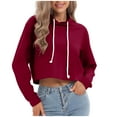 thumbnail image 2 of Womens Hooded Sweatshirts Crop Fashion Solid Color Pullover Top Long Sleeve Drawstring Loose Fit Lightweight Hooded Sweatshirt Tops Wine M, 2 of 6