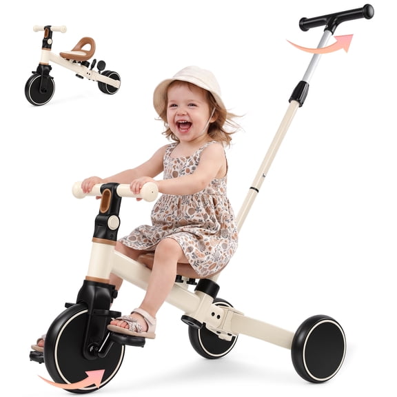 Wisairt 5-in-1 Toddler Tricycle with Push Handle for 1-3 Years, Toddler Bike, Kids Trike, Balance Bike with Adjustable Seat & Handlebar, Khaki