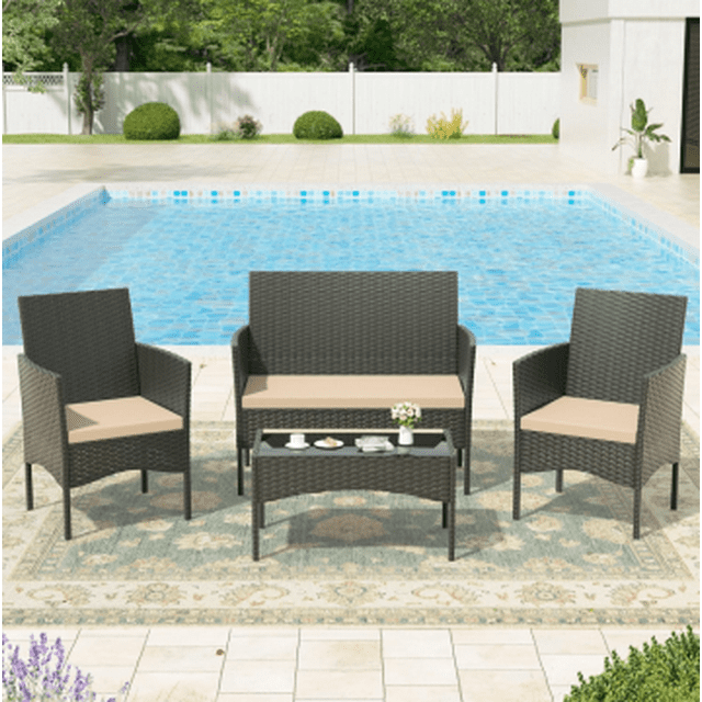 Kullavik Ensemble de Meubles de Patio Extérieur 4 Pcs, Canapé en Osier PE Tout Temps avec Coussins et Table Basse en Verre Trempé, Ensemble de Patio pour Jardin, Pelouse, Bord de Piscine, Kaki