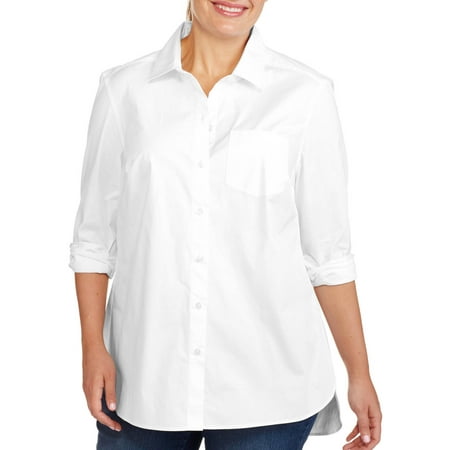 Women's Plus-Size Classic Oversized Woven Button-Front Shirt - Walmart.com