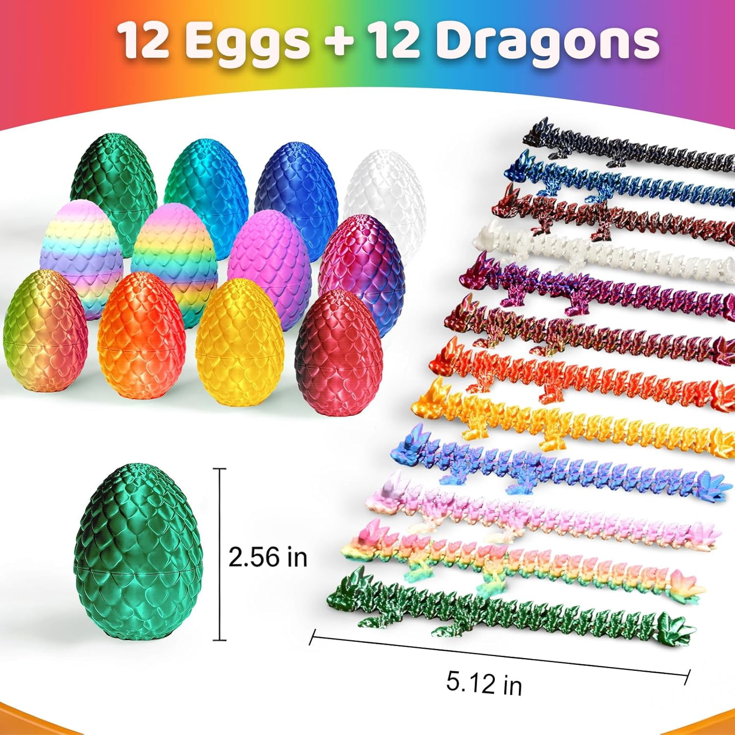 12 Pack 3D Printed Dragon Eggs – Articulated Fidget Dragons Inside Surprise Eggs, Flexible Poseable Toys for Sensory Play, Party Favors Classroom Prizes Collectible Desk Toys for Kids