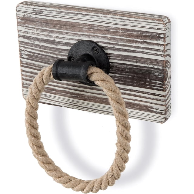 Wall Mounted Natural Rope Hand Towel Ring Holder with Rustic Wood Backing Backing and Industrial Pipe Accen for Shower/Bathroom/Bedroom/Kitchen