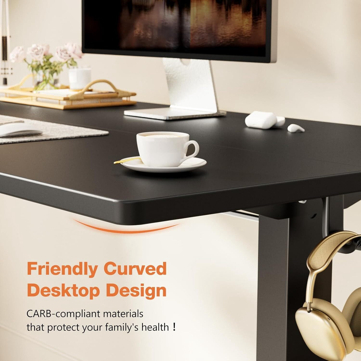 AENKYO Electric Height Adjustable Standing Desk with T-Shaped Metal Frame, Ergonomic Home Office Workstation for Computer, Modern Sit to Stand Desk，Black
