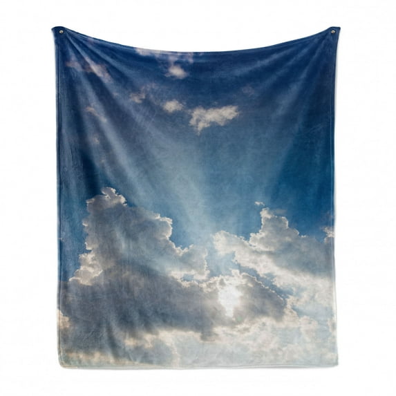 Landscape Soft Flannel Fleece Throw Blanket, Big Sunbeam Coming out of Clouds Sunny Day Overcast Sky Scenic Scenery Picture, Cozy Plush for Indoor and Outdoor Use, 60" x 80", Blue White, by Ambesonne