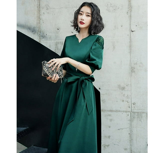 Vestido de noche negro para mujer, elegante, de largo medio, sencillo y generoso, para banquetes, talla grande