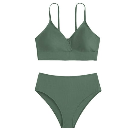Toimothcn Girl s Swimsuit Sleeveless Casual Solid Color 2 Piece Bikini Set Quickly Dry Cover Up Swimwear Suitable For Beach Seaside