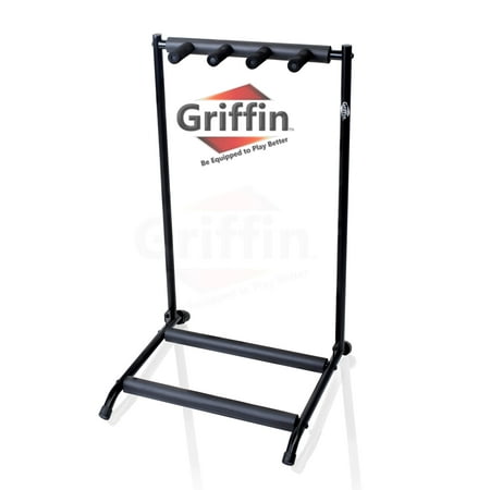 Three Guitar Rack Stand by Griffin – Holder for 3 Guitars & Folds Up – For Electric, Acoustic & Classical Guitar, Bass & Ukulele - Ideal For Music Bands, Recording Studios, Schools, Stage
