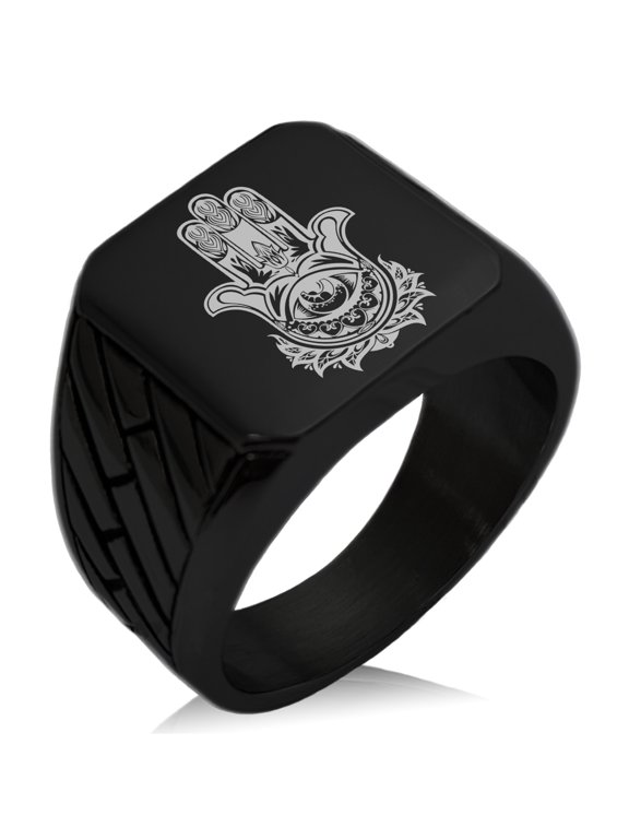 Stainless Steel Floral Hamsa Hand of Fatima Geometric Pattern Biker Style Polished Ring