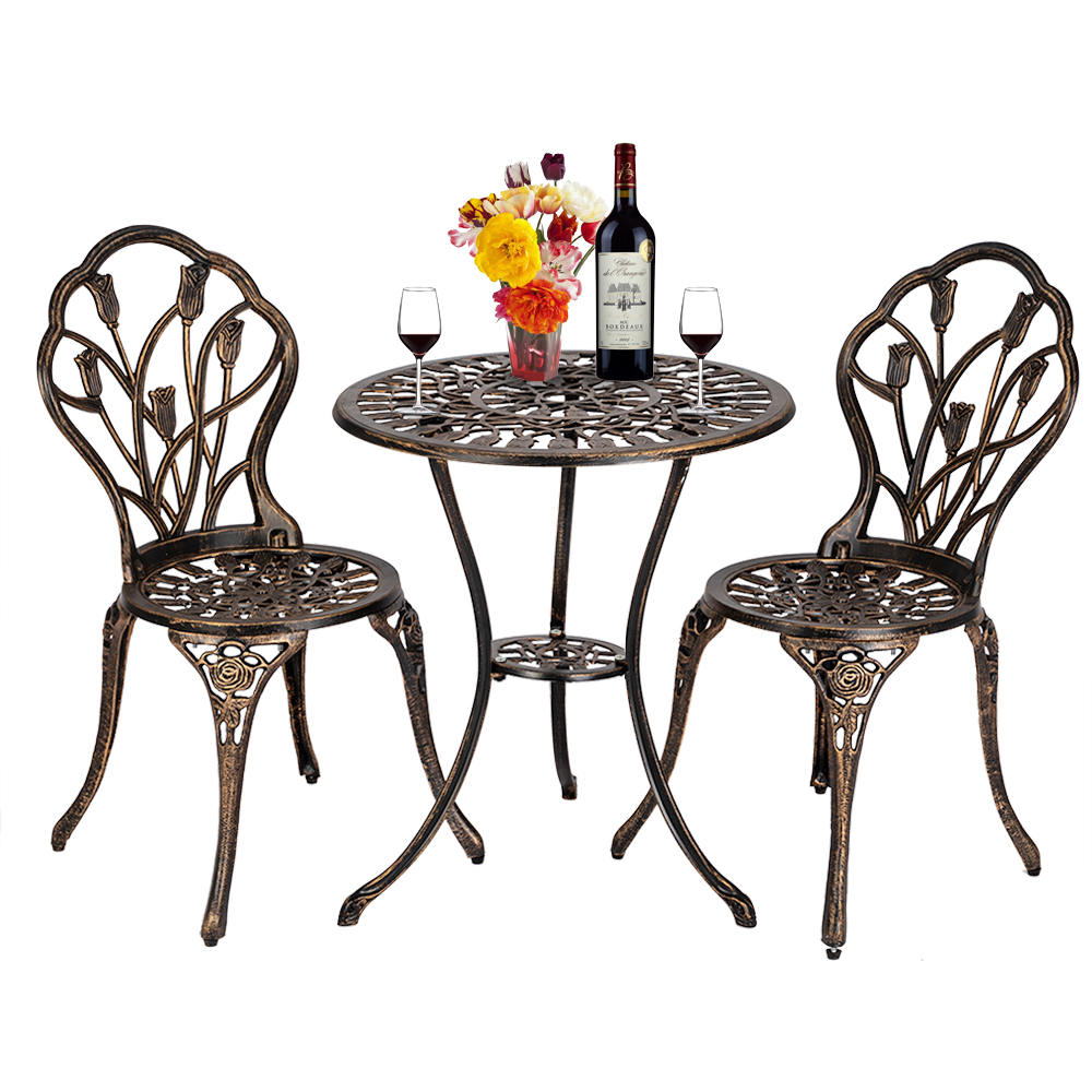 Outdoor Metal Bistro Table Set, 3 Pieces Bistro Set Cast Tulip Design Antique Outdoor Patio Furniture Weather Resistant Garden Round Table and Chairs, Garden Conversations Set for Porch Balcony, Q9478 - image 4 of 8