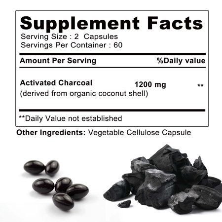 Activated Charcoal 1200mg - Organic Coconut, Cleanse and Detox Alleviate Gas - 120 Capsules