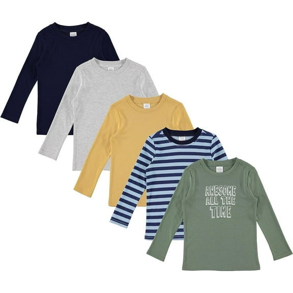 Cudlie 5-Pack Baby/Toddler Boy Long Sleeve Shirt - Basic Tshirt Tops, Light Undershirt - Solid & Striped Tees for Boys