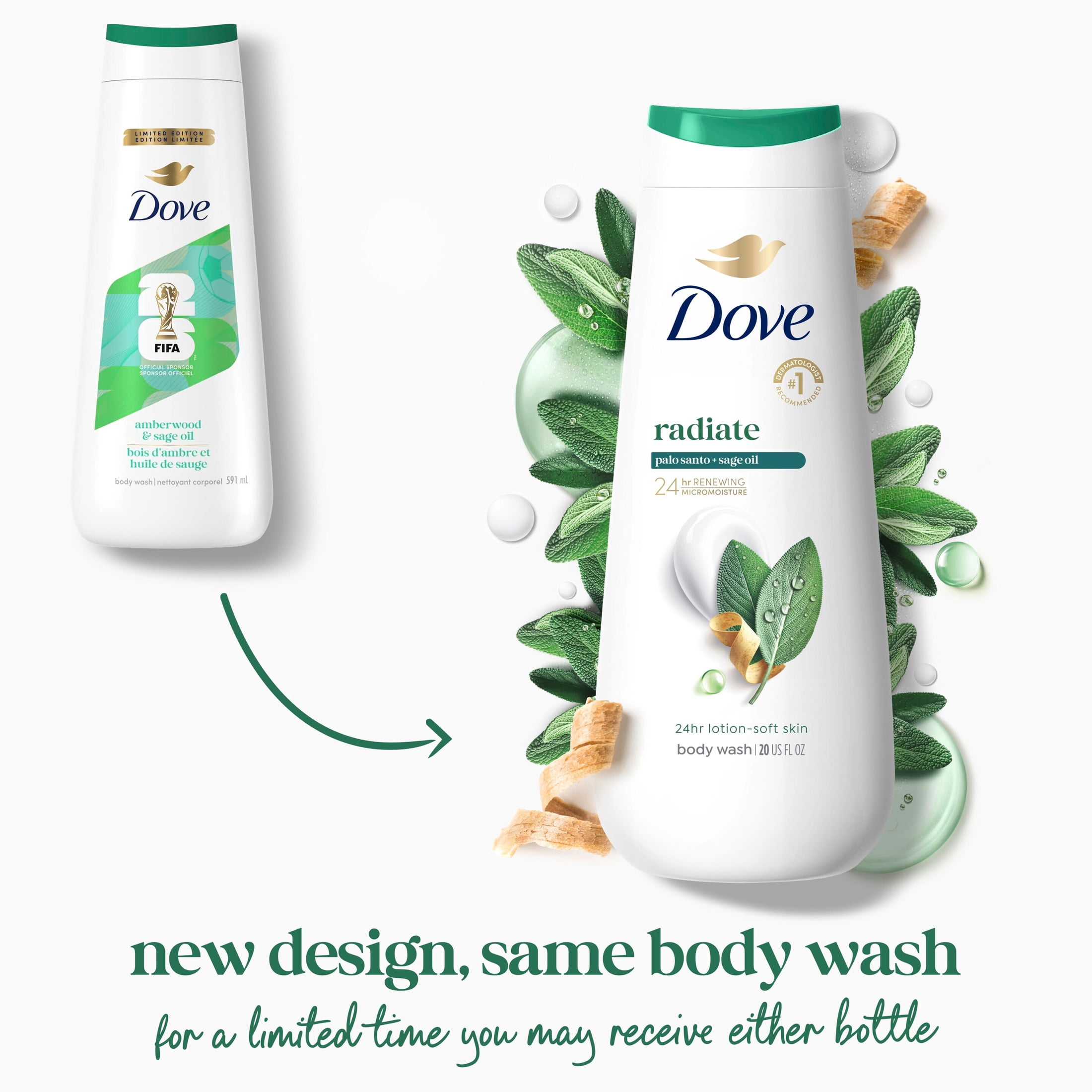 (4 pack) Dove Limited Edition Body Wash Palo Santo & Sage Oil For Hydrated & Soft Skin, 20 Fl oz