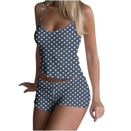 SROBPTY Womens Pajama Sets Women Loose Casual Printed Tank Top and Shorts Two-piece Pajama Sets Gray S