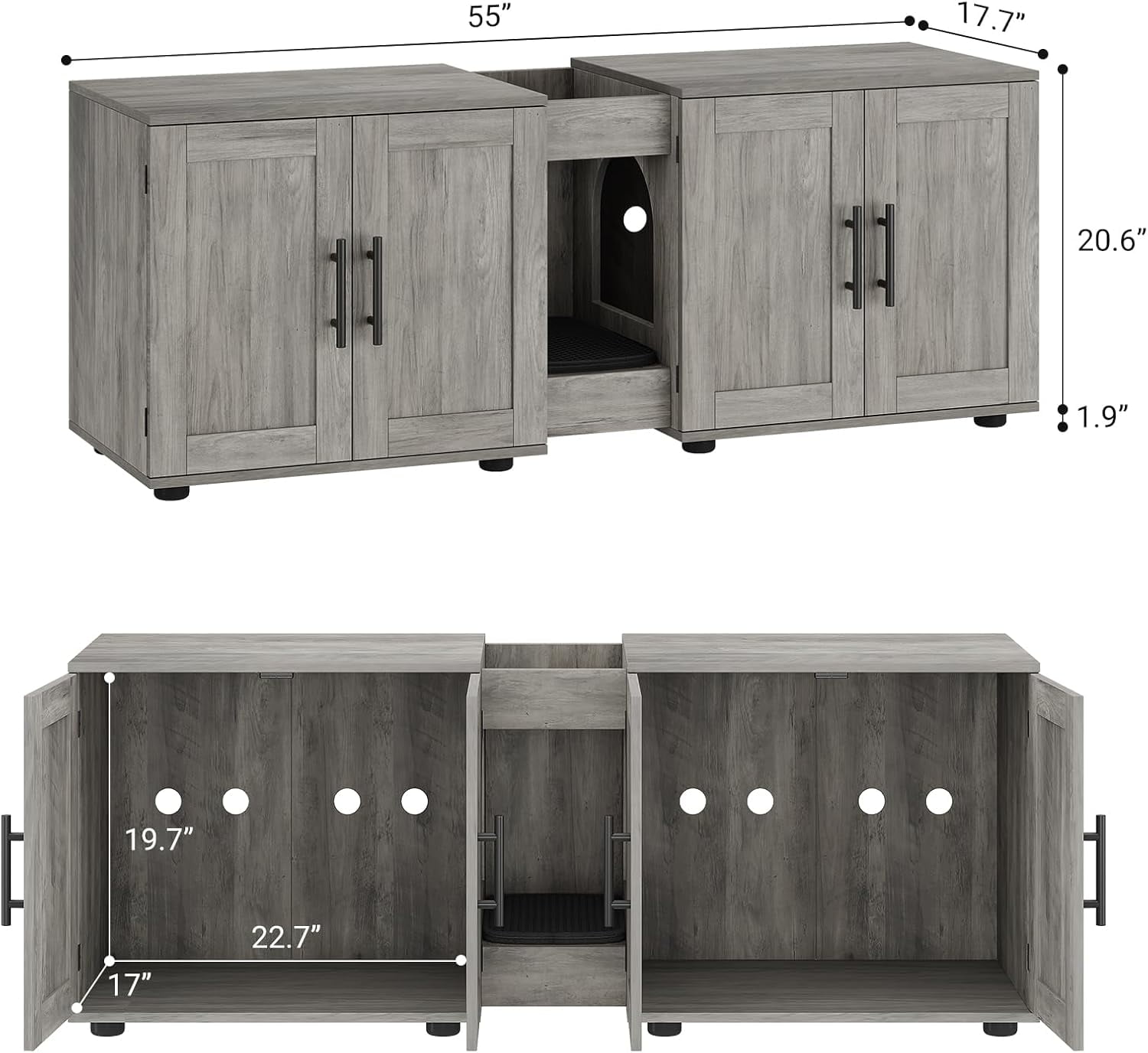 Hetoy Elegant Double-Room Cat Litter Cabinet – Stylish Litter Box Enclosure for Two Cats with Storage and Cat Mat, 55”L x 17.7”W x 22.5”H in Black