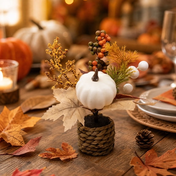 Mini Artificial Thanksgiving Pumpkin Berry Potted Plants, Rustic Fall Autumn Greenery Tabletop Ornament, Small Faux Plants Decor for Home Shelf Mantel Indoor Holiday Decoration