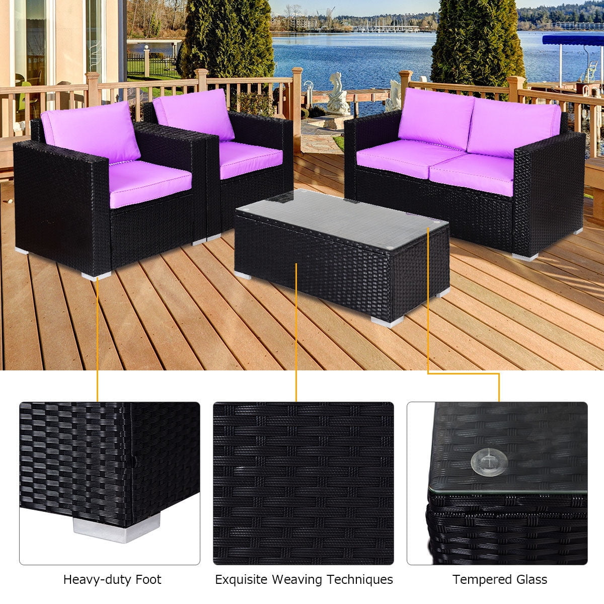 Gymax 4PC Rattan Patio Furniture Set Outdoor Wicker With Purple Cushion