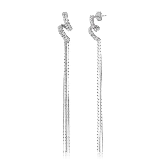 Meissa S925 Sterling Silver Tassel Drop Earrings, Cubic Zirconia Paved Curved Stud with Long Chain Fringe, Hypoallergenic Dangle Earrings for Women, Elegant Wedding Party Jewelry Gift