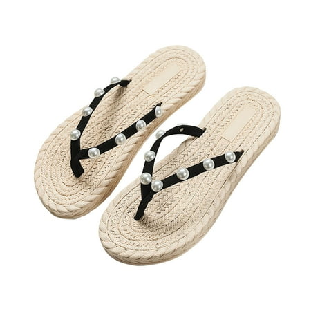 

Christmas Clearance! SuoKom Womens Sandals Women Shoes Summer Floral Flip Flops Beach Sandals Thongs Slippers Sandals Imitation Hemp Rope Travel Flip-flops Flat-bottom