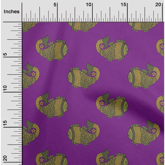 oneOone Silk Tabby Fabric Fish Block Print Fabric BTY 42 Inch Wide