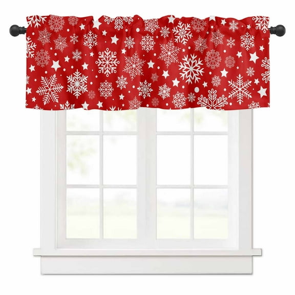 Winter Snowflakes Valances for Windows Christmas Red Background Rod Pocket Curtain Valance Window Treatment Short Curtains for Kitchen Living Room, 42"x12"