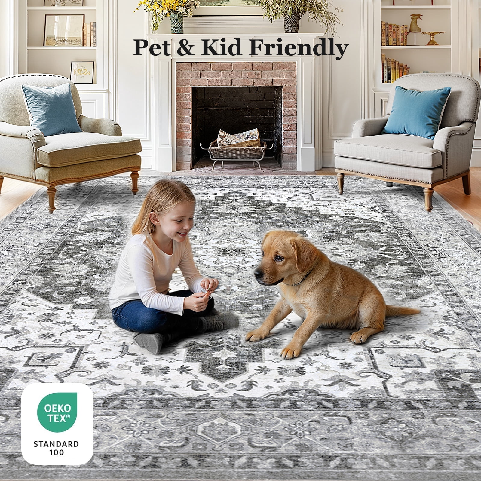 CHITOOMA 8'x10' Area Rugs for Living Room, Machine Washable Rugs Vintage Area Rug for Bedroom Dining Room Dorm Office with Non-Slip Backing, Stain Resistant Non-Shed Carpet