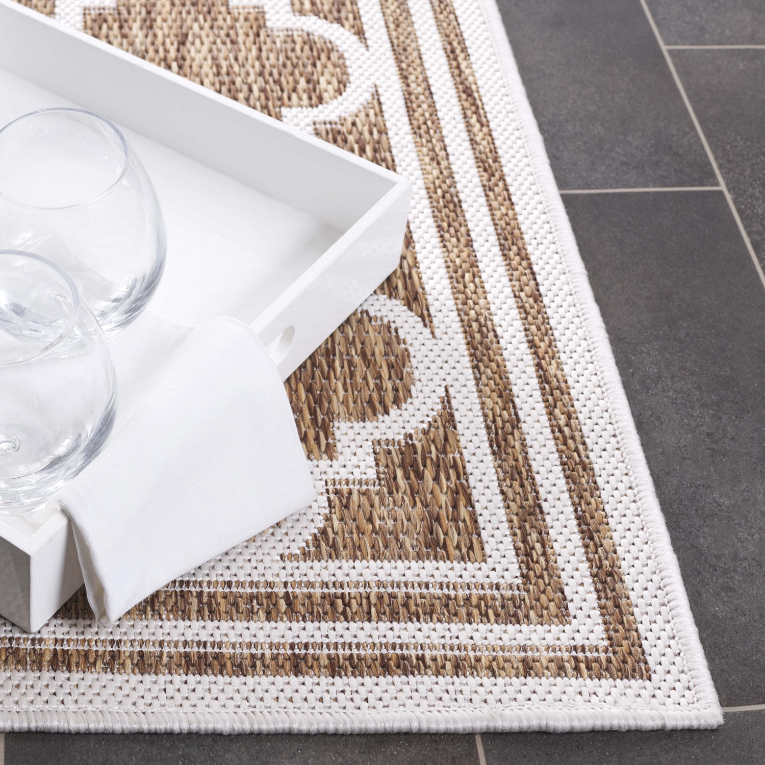 SAFAVIEH Beach House Wendy Geometric Indoor/Outdoor Runner Rug, Brown/Ivory, 2'2" x 10'