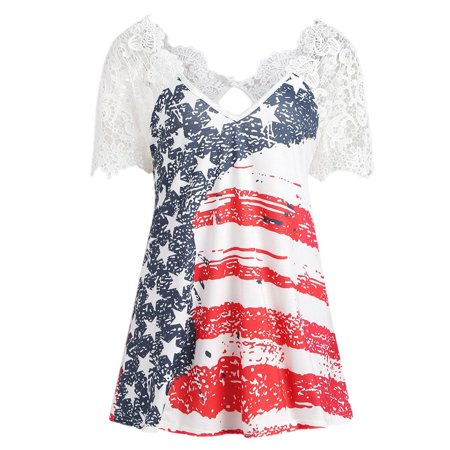 - Womens ShortSleeve Vest Patriotic Stripes Star American Flag Print Lace Tank Top