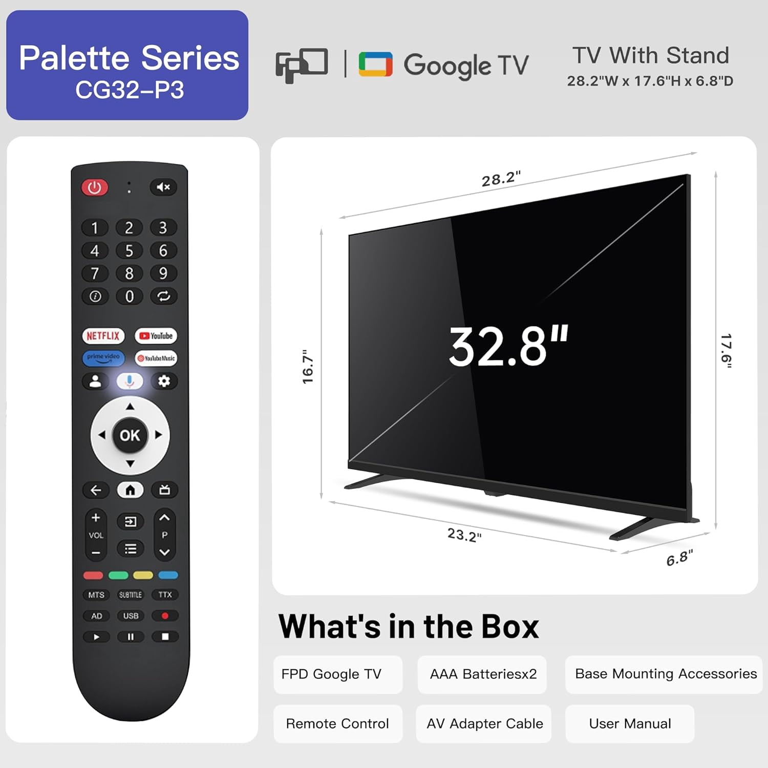 2024 Model FPD 32-inch Smart TV with Google TV HD 720p, Google Play & Chromecast Built-in, HDR 10, Dolby Audio, Voice Remote - Stream Live TV in The Comfort of Your Home (Palette-Series, CG32-P3)