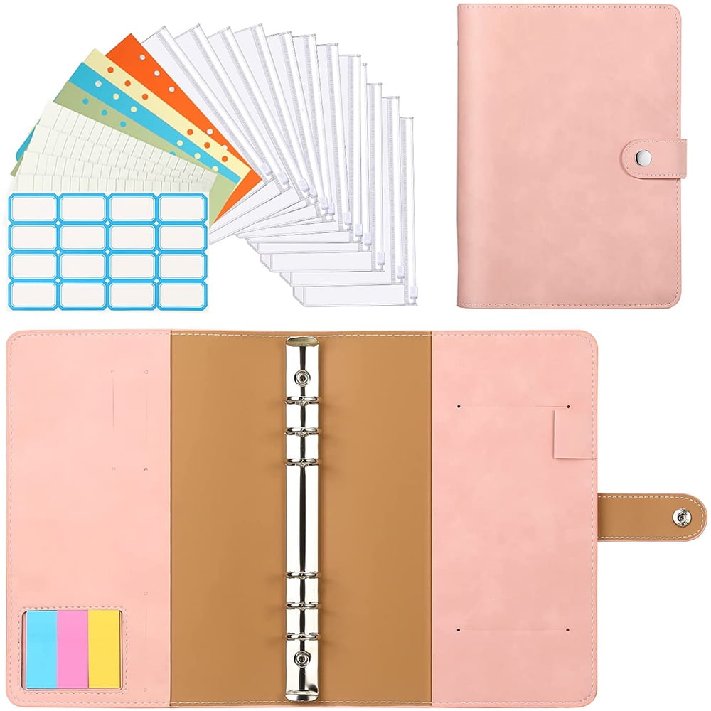 Pink PU Leather Refillable 6 Ring Binder for A6 Binder Paper Loose Leaf Personal Organizer Binder Cover with Magnetic Buckle Closure A6 Notebook Binder with 6 Binder Pockets 