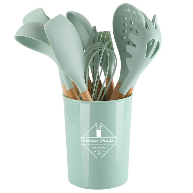 Ensemble d'Ustensiles de Cuisine Poignée Ensemble de Batterie de Cuisine en Silicone Poignée en Bois Antiadhésif avec Contenant