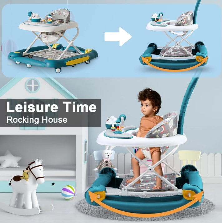 LHUAI 6-in-1 Baby Walker With Wheels, Bouncer, Removable Footrest, Feeding Tray & Music, Foldable & Adjustable Activity Walker For Boys And Girls, Toddler Infant, Green