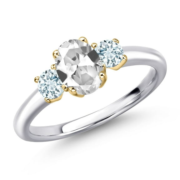 Gem Stone King 925 Silver and 10K Yellow Gold White Created Sapphire and Sky Blue Aquamarine Engagement Ring for Women | 1.34 Cttw | Oval 7X5MM | Gemstone September Birthstone | Size 6