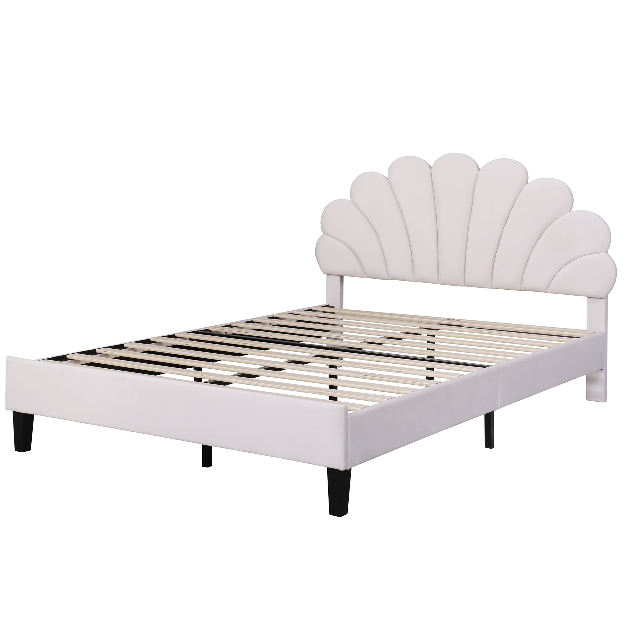 Velvet Full Size Bed Frame with Flower Pattern Headboard,Full Bed Frame with Wood Slat Support for Bedroom,Easy Assembly,76.8"x58.1"x47.4",Beige