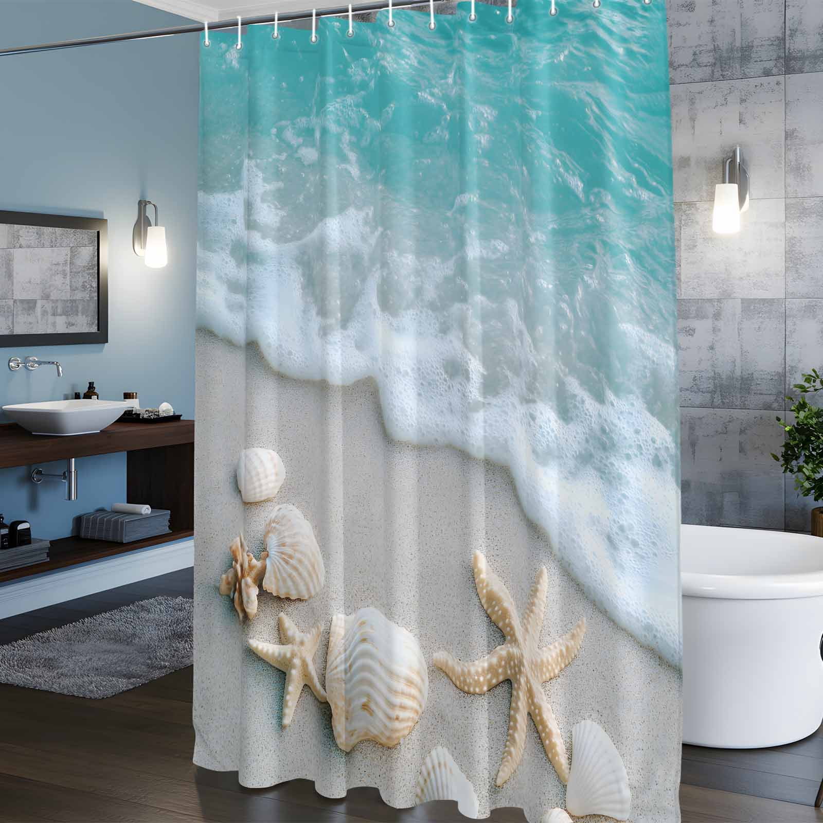 Teal Beige Shower Curtains for Bathroom, Beach Starfish Seashell Sand Sea Waves Scenery Washable Fabric Shower Curtain with Hooks Waterproof Bathroom Decor Sets, 36 x 72 Inches
