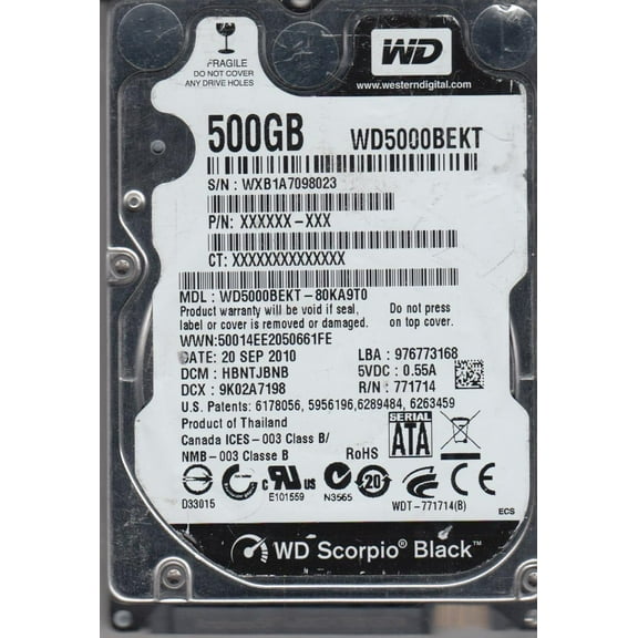 WD5000BEKT-80KA9T0, DCM HBNTJBNB, Western Digital 500GB SATA 2.5 Hard Drive