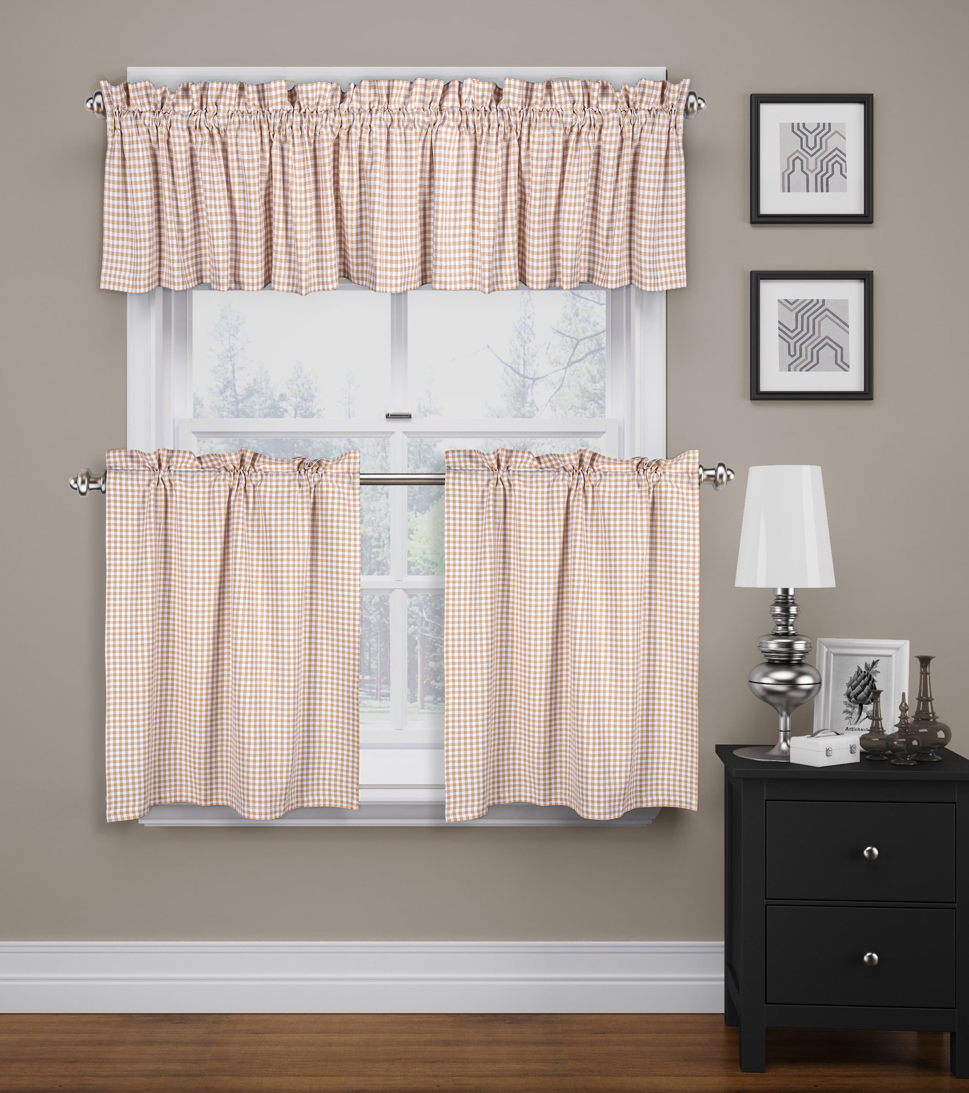 Native Fab 3 Pieces Window Curtain Tiers and Valance Set - Farmhouse Vintage Kitchen Tiers and Valance Set Rod Pocket - Beige White